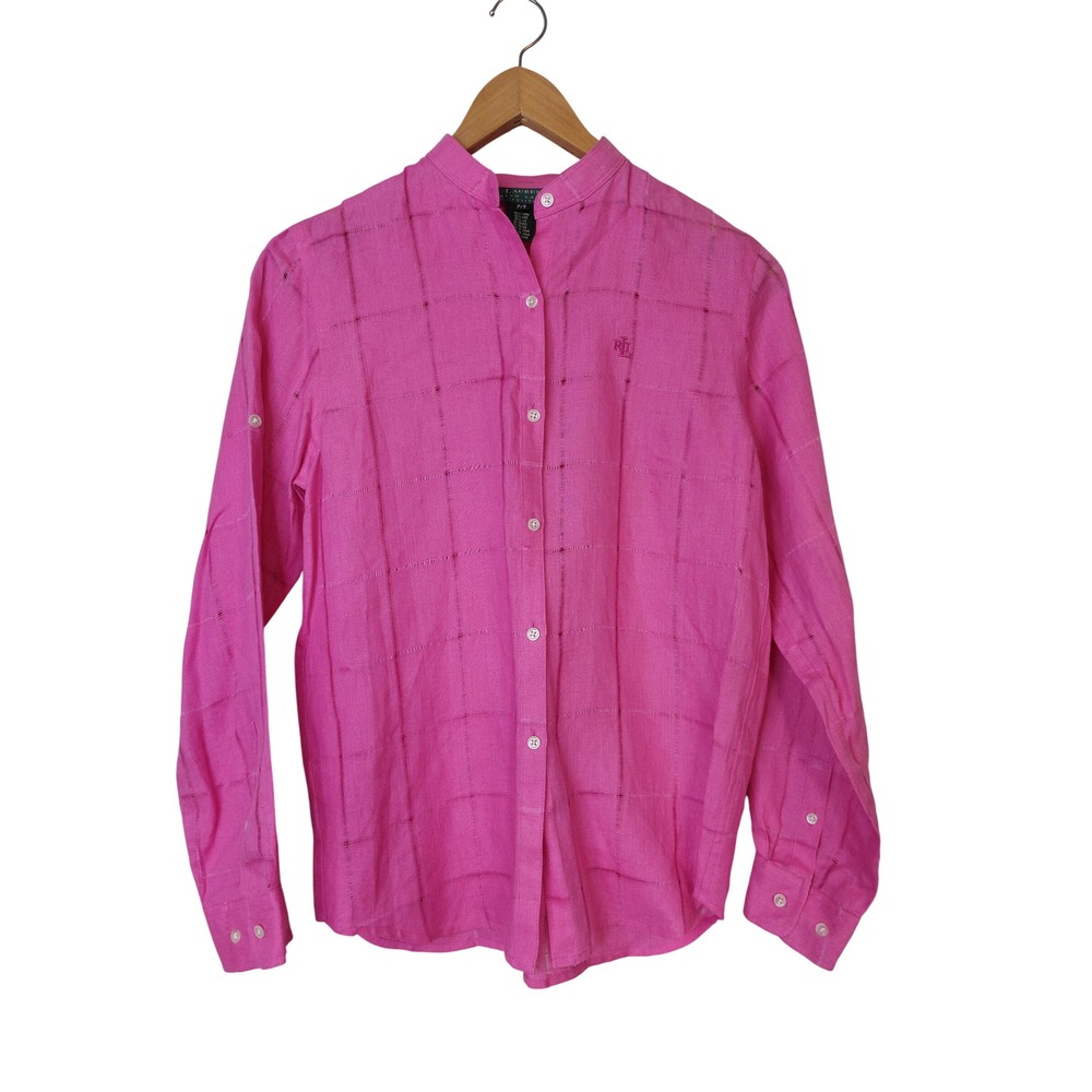 Lauren Ralph Lauren Pink 100% Linen Windowpane Shirt Blouse Size Small Petite